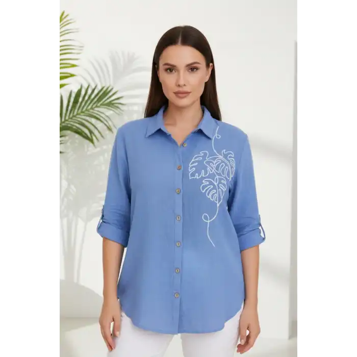 Kadın Mavi  Göğsü Nakış Detaylı Müslin Kumaş Kol Katlamalı Gömlek