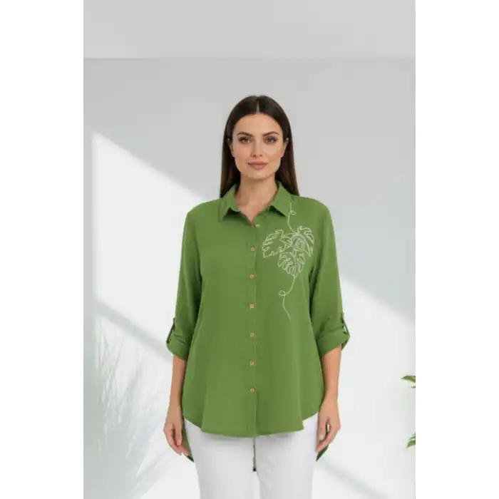 Kadın Yeşil Göğsü Nakış Detaylı Müslin Kumaş Kol Katlamalı Gömlek