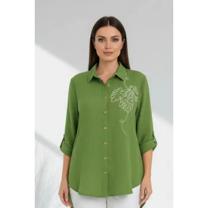Kadın Yeşil Göğsü Nakış Detaylı Müslin Kumaş Kol Katlamalı Gömlek
