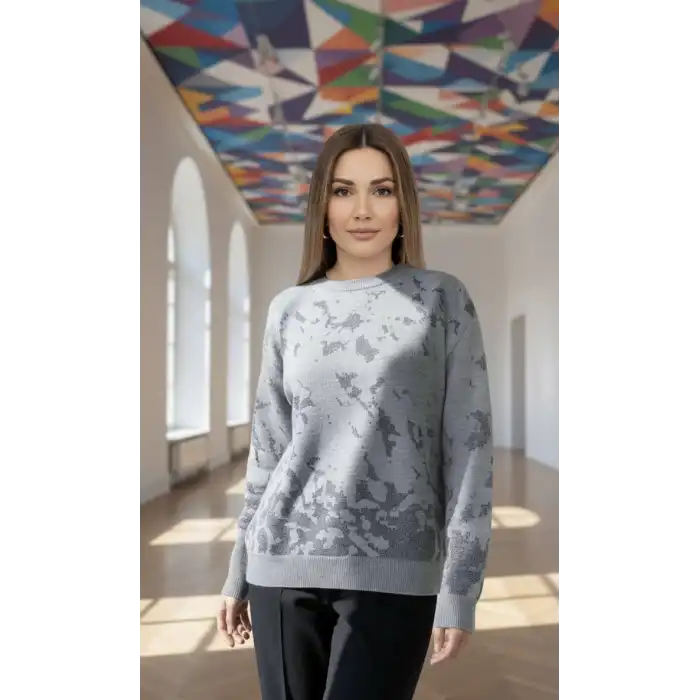 Kadın Açık Gri Sim Detaylı Bisiklet Yaka Batik Desen Yeni Sezon Likralı Esnek Tiriko Kazak