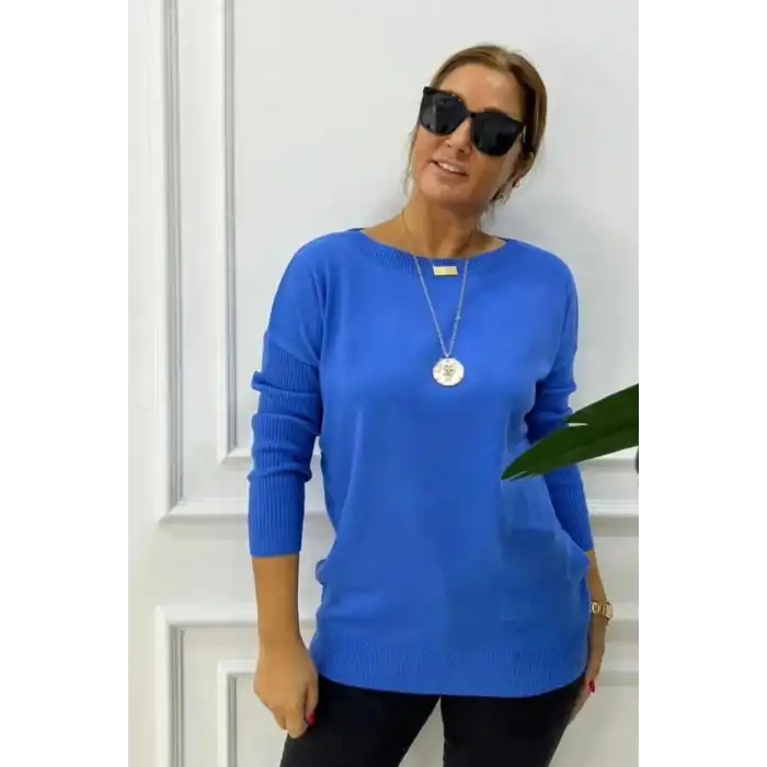 Kadın Açık Mavi Bisiklet Yaka Yandan Cepli  Likralı Esnek Yumuşak Dokulu Triko Bluz