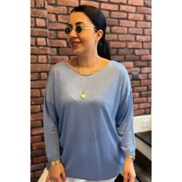 Kadın Açık Mavi Kayık Yaka Likralı % 100 PAMUK İPLİK İnce Triko Bluz