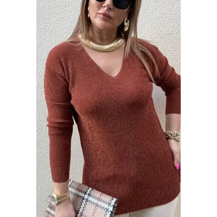 Kadın Bakır V Yaka Likralı Dışı Simli İçi Yumoş İnce Triko Bluz
