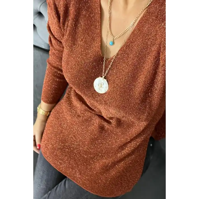 Kadın Bakır V Yaka Likralı Dışı Simli İçi Yumoş İnce Triko Bluz