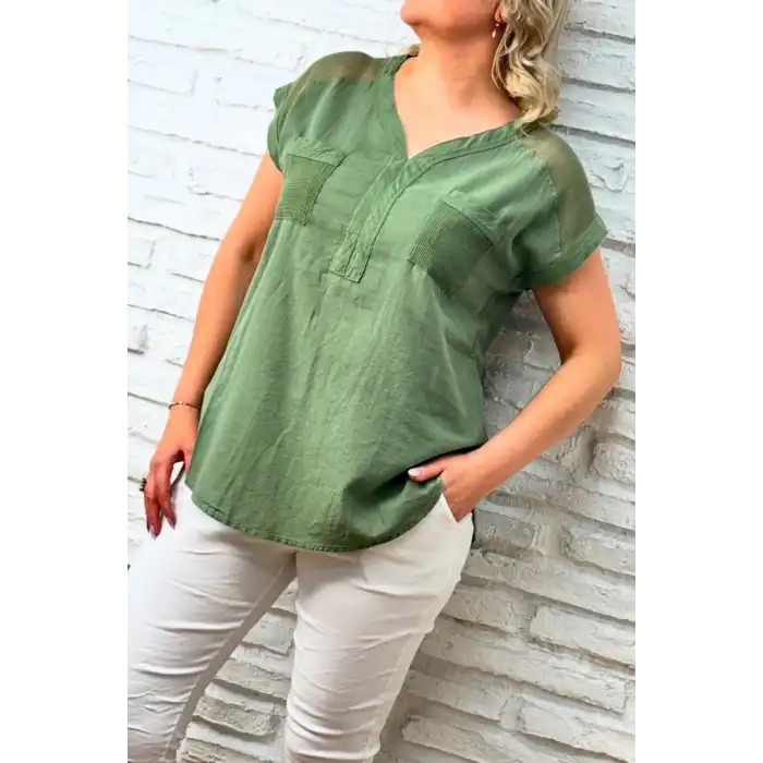 Kadın Yeşil Omzu Ve Cebi FİLE DETAYLI Yıkamalı Keten Kumaş Kısa Kol Buluz Gömlek