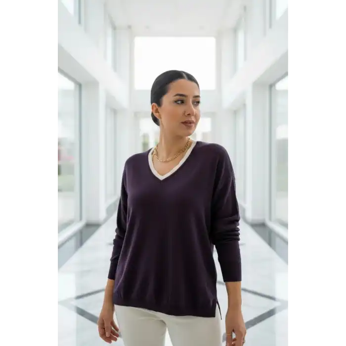 Kadın Mürdüm V Yaka Yakası Çift Renkli Pamuk Örgü Likarlı İnce Triko Buluz