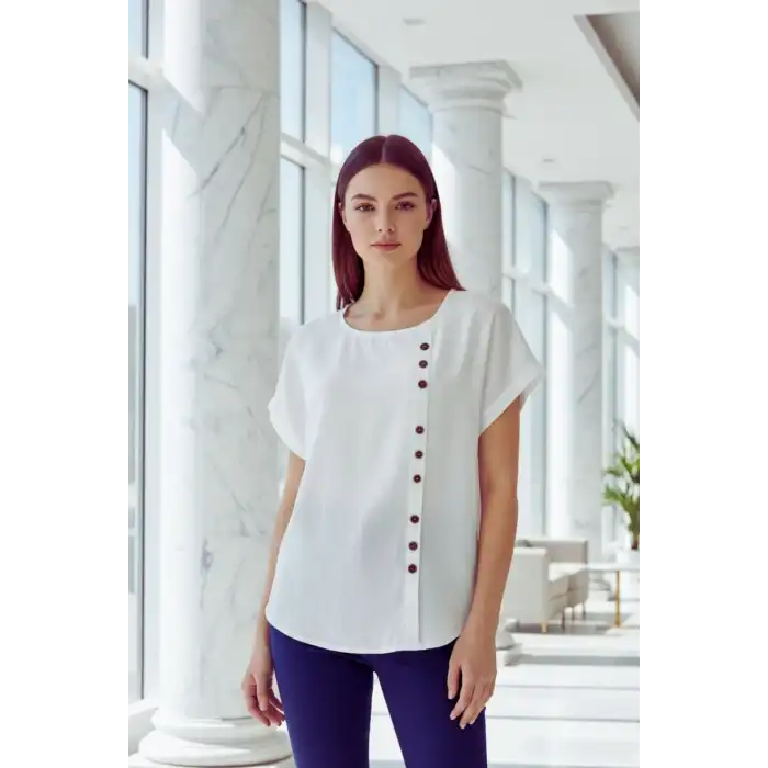Kadın Beyaz Bisiklet Yaka Önü Düğmeli Pamuk Keten Kumaş Buluz