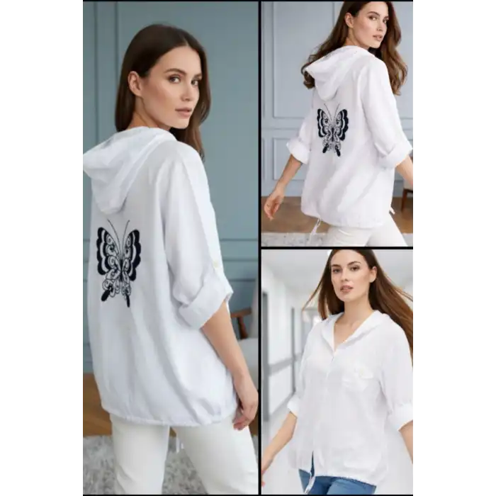 Kadın Beyaz Büyük Beden Sırtı Kelebek Nakışlı Kol Katlamalı Pamuk Keten Kumaş Gömlek Ceket