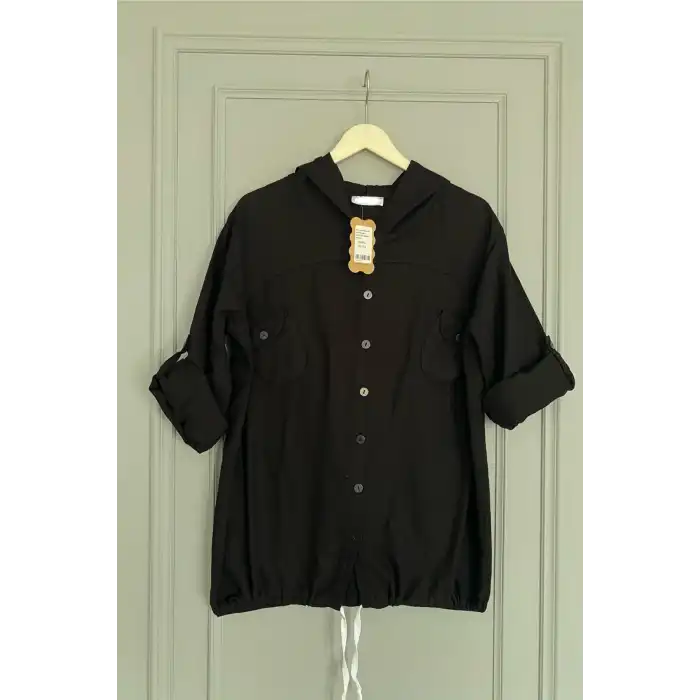 Kadın Siyah Büyük Beden Sırtı Kelebek Nakışlı Kol Katlamalı Pamuk Keten Kumaş Gömlek Ceket