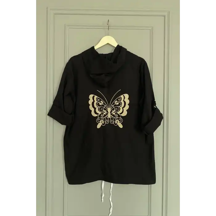 Kadın Siyah Büyük Beden Sırtı Kelebek Nakışlı Kol Katlamalı Pamuk Keten Kumaş Gömlek Ceket