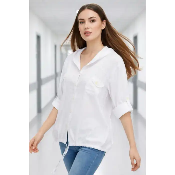 Kadın Beyaz Büyük Beden Sırtı Kelebek Nakışlı Kol Katlamalı Pamuk Keten Kumaş Gömlek Ceket