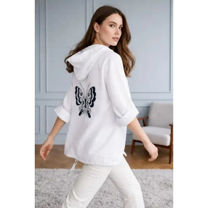 Kadın Beyaz Büyük Beden Sırtı Kelebek Nakışlı Kol Katlamalı Pamuk Keten Kumaş Gömlek Ceket
