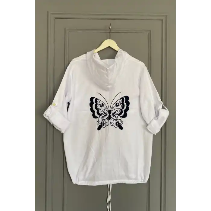 Kadın Beyaz Büyük Beden Sırtı Kelebek Nakışlı Kol Katlamalı Pamuk Keten Kumaş Gömlek Ceket