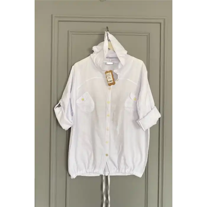 Kadın Beyaz Büyük Beden Sırtı Kelebek Nakışlı Kol Katlamalı Pamuk Keten Kumaş Gömlek Ceket