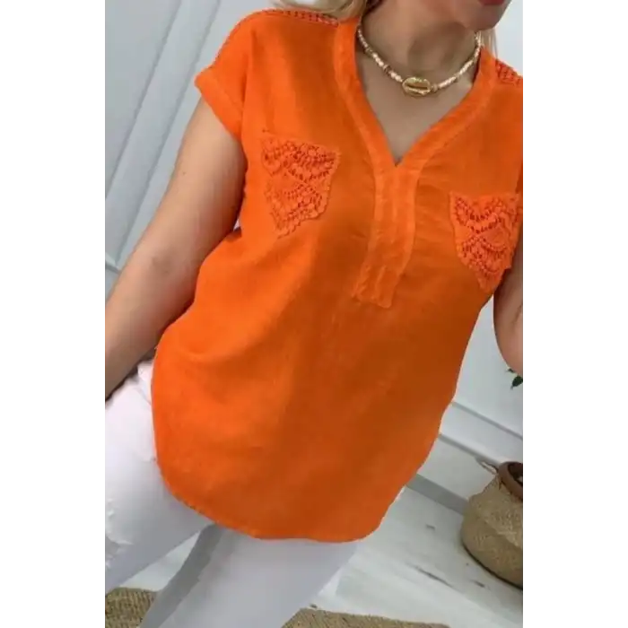 Kadın Turuncu Omzu Ve Cebi Güpürlü Keten Kumaş Kısa Kol Buluz Gömlek