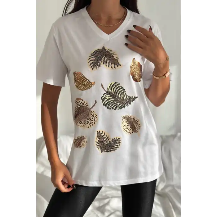 Kadın Beyaz V Yaka Büyük Beden Önü Detaylı Nakışlı % 100 PAMUK PENYE Buluz