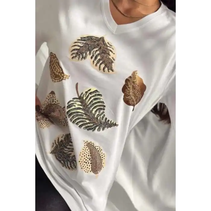 Kadın Beyaz V Yaka Büyük Beden Önü Detaylı Nakışlı % 100 PAMUK PENYE Buluz