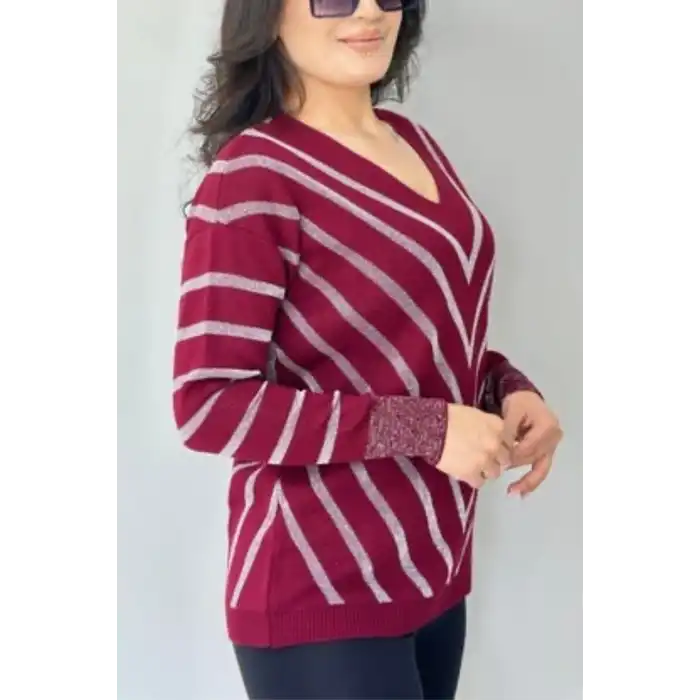 Kadın Bordo V Yaka Verev Sim Çizgili Likralı İnce Tiriko Yumuşak Dokulu Kazak