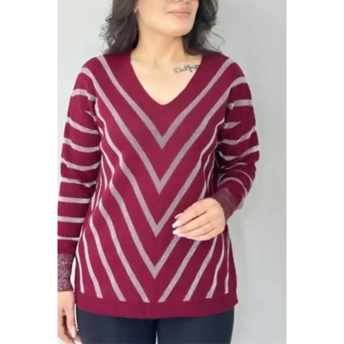 Kadın Bordo V Yaka Verev Sim Çizgili Likralı İnce Tiriko Yumuşak Dokulu Kazak