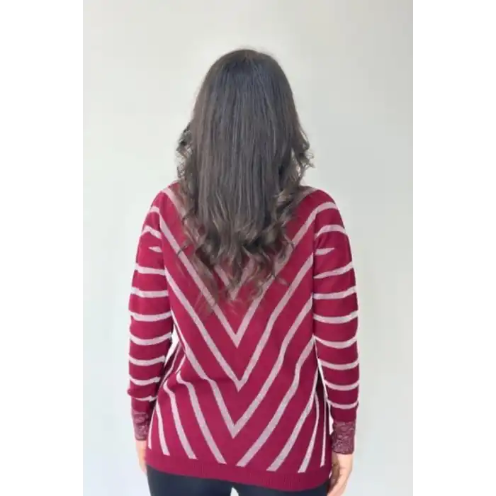 Kadın Bordo V Yaka Verev Sim Çizgili Likralı İnce Tiriko Yumuşak Dokulu Kazak