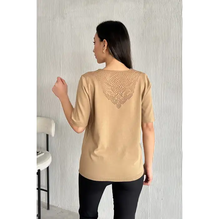 Kadın Kahve V Yaka Yakası Ve Sırtı Detaylı Soğuk İpilik Merserize Likralı Buluz