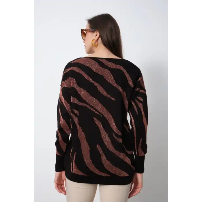 Kadın Kahve V Yaka Zebra Desen Yeni Sezon Komfort Model Likralı Tiriko