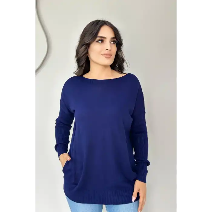 Kadın Lacivert Bisiklet Yaka Yandan Cepli Likralı Esnek Yumuşak Dokulu Triko Bluz