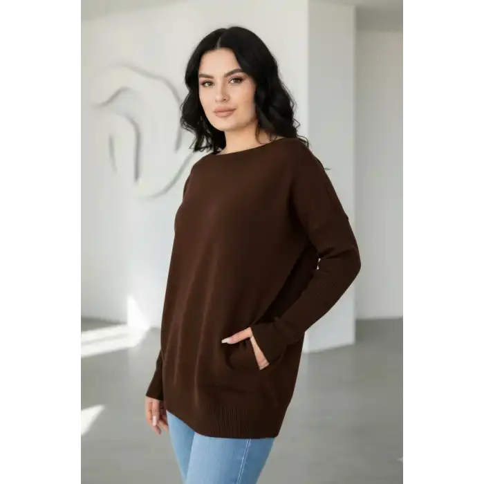 Kadın KAHVE Bisiklet Yaka Yandan Cepli Likralı Yumuşak Dokulu İnce Tiriko Kazak