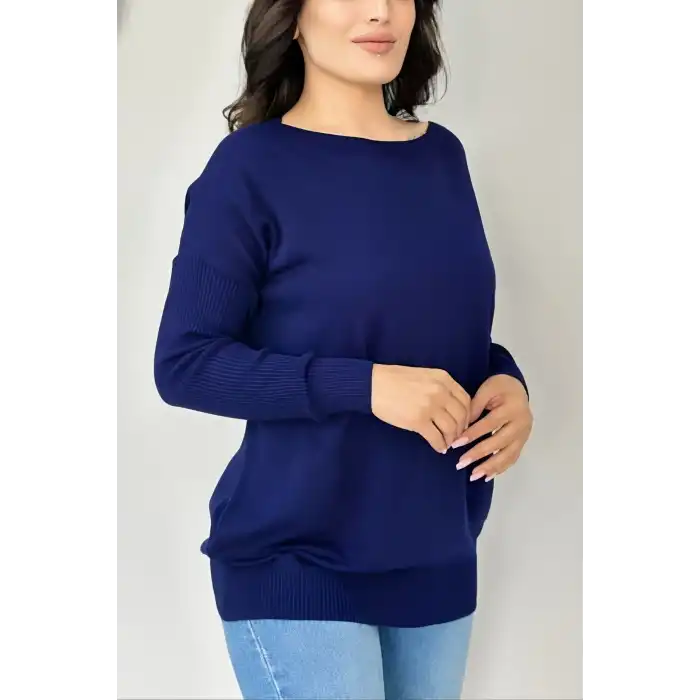 Kadın LACİVERT Bisiklet Yaka Yandan Cepli Likralı Yumuşak Dokulu İnce Tiriko Kazak