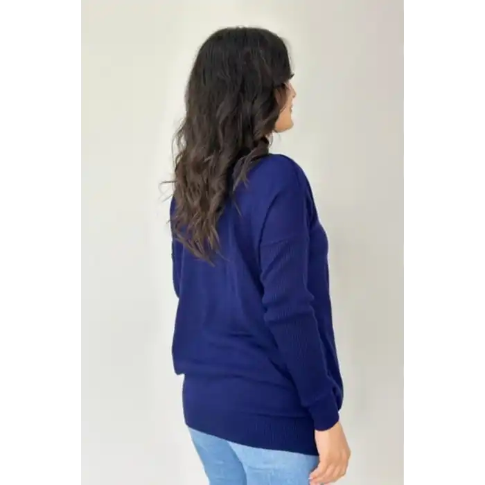 Kadın LACİVERT Bisiklet Yaka Yandan Cepli Likralı Yumuşak Dokulu İnce Tiriko Kazak