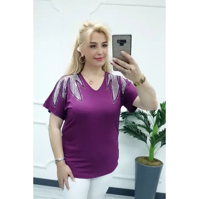 Kadın MÜRDÜM Büyük Beden V Yaka Omuzlar Yaprak Kristal Taş İşlemeli Likralı Kısa Kol Buluz