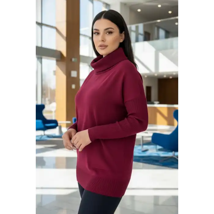 Kadın Bordo Degaje Yaka Yandan Cepli Likralı İnce Triko Bluz