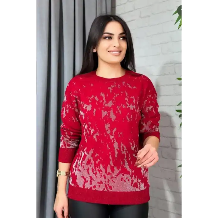 Kadın Bordo Gri Sim Detaylı Bisiklet Yaka Batik Desen Yeni Sezon Likralı Esnek Tiriko Kazak