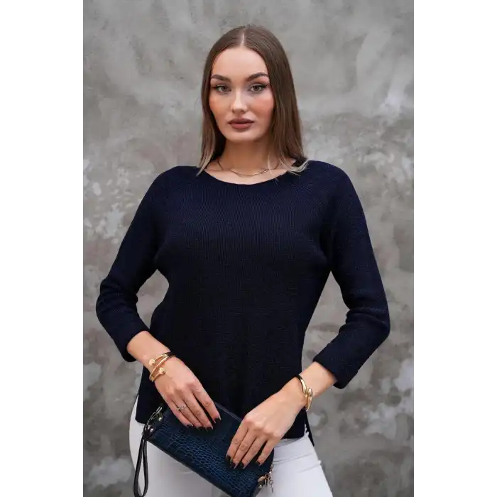 Kadın Lacivert renk Bisiklet Yaka SİMLİ İnce Tiriko Duble Kol Manşetli Bluz