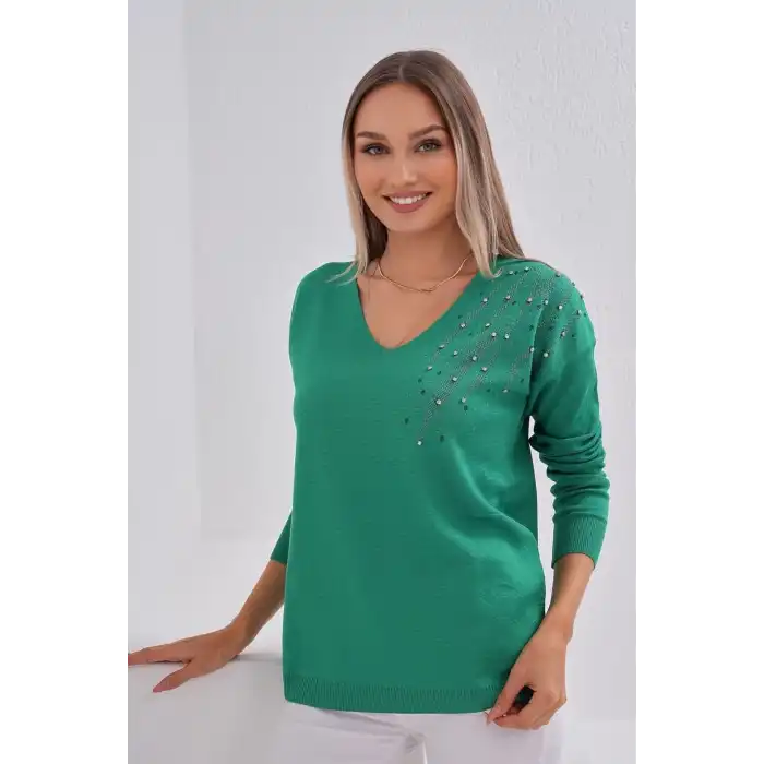 Kadın Yeşil V Yaka Omzu Kristal İnci Ve Taş İşlemeli Likralı Tiriko Kazak Bluz
