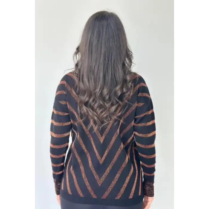 Kadın Kahve V Yaka Verev Sim Çizgili Likralı İnce Tiriko Yumuşak Dokulu Kazak