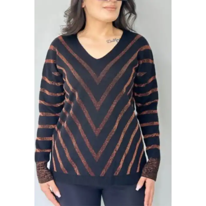 Kadın Kahve V Yaka Verev Sim Çizgili Likralı İnce Tiriko Yumuşak Dokulu Kazak
