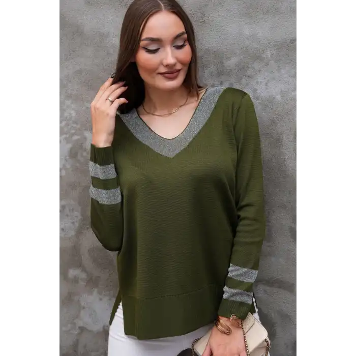 Kadın Haki Yeşil V Yaka Yakası Ve Kolu GIRİ Simli Likralı İthal İp Örgü İnce Tiriko Kazak