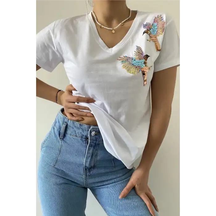 Kadın Büyük Beden Beyaz V Yaka Omzu İki Kuşlu Likralı Pamuk Penye Bluz