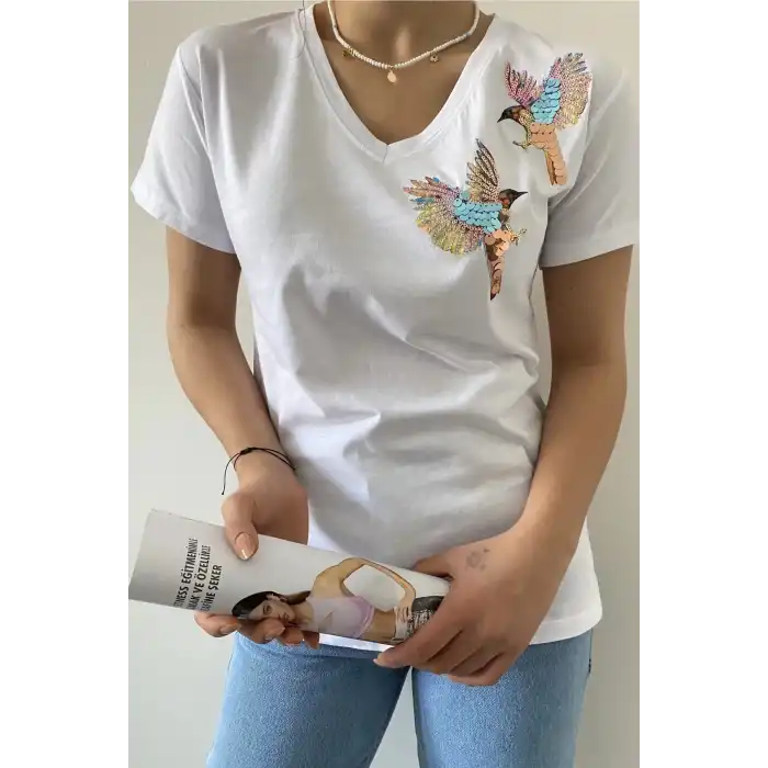 Kadın Büyük Beden Beyaz V Yaka Omzu İki Kuşlu Likralı Pamuk Penye Bluz