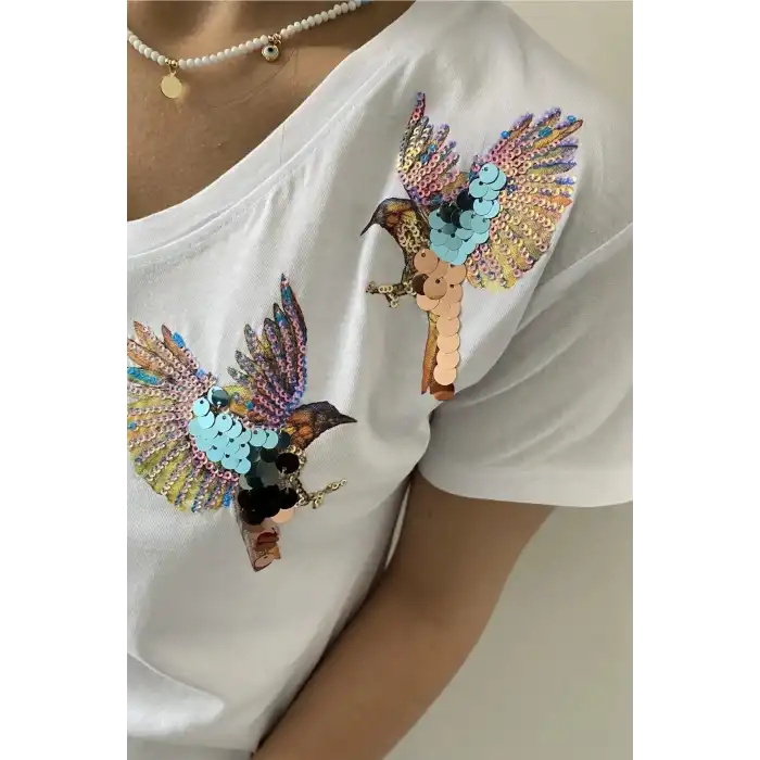 Kadın Büyük Beden Beyaz V Yaka Omzu İki Kuşlu Likralı Pamuk Penye Bluz