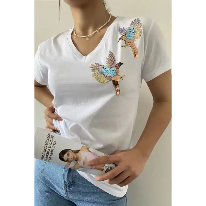 Kadın Büyük Beden Beyaz V Yaka Omzu İki Kuşlu Likralı Pamuk Penye Bluz