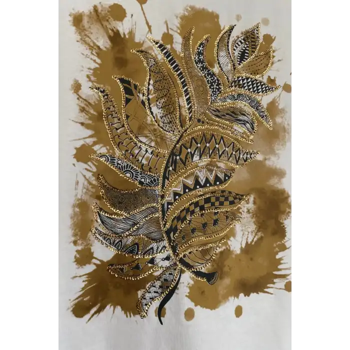 Kadın Büyük Beden Beyaz V Yaka Önü Desenli Pul İşlemeli %100 PAMUK PENYE Penye Buluz