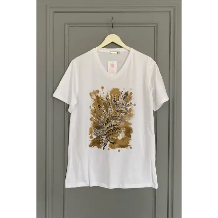 Kadın Büyük Beden Beyaz V Yaka Önü Desenli Pul İşlemeli %100 PAMUK PENYE Penye Buluz