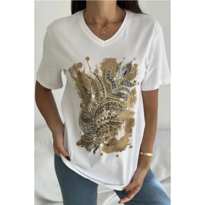 Kadın Büyük Beden Beyaz V Yaka Önü Desenli Pul İşlemeli %100 PAMUK PENYE Penye Buluz