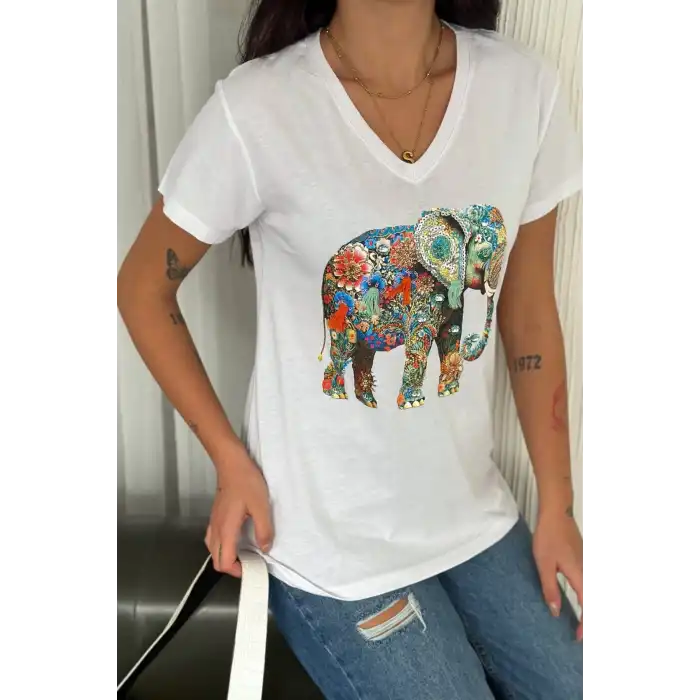 Kadın Büyük Beden Beyaz V Yaka Önü Fil Nakışlı Pul İşlemeli %100 PAMUK PENYE Penye Buluz