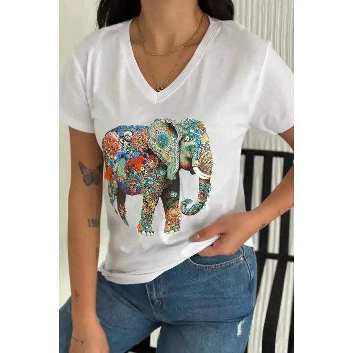 Kadın Büyük Beden Beyaz V Yaka Önü Fil Nakışlı Pul İşlemeli %100 PAMUK PENYE Penye Buluz