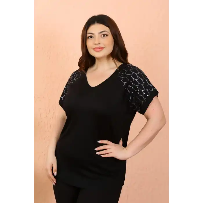 Kadın Büyük Beden Siyah ÖN ARKA V YAKA Omuzlar Pul Nakışlı Likralı Bluz