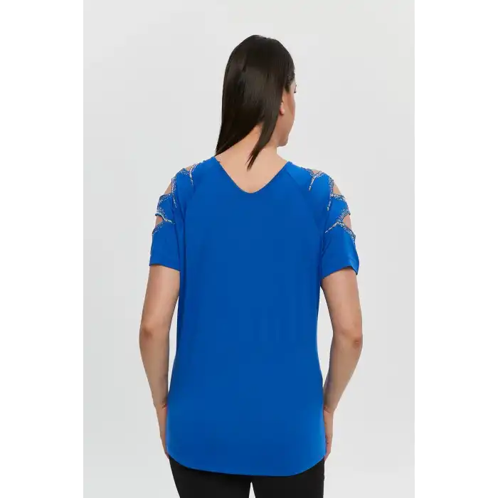 Kadın Büyük Beden Mavi ÖN ARKA V Yaka Omuz Dekolteli Pul İşlemeli Likralı Bluz