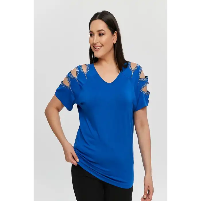 Kadın Büyük Beden Mavi ÖN ARKA V Yaka Omuz Dekolteli Pul İşlemeli Likralı Bluz